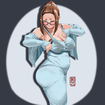 1girl armpits ass barcode barcode_tattoo black-framed_eyewear black_bra black_nails blue_dress blue_shirt blush boji_norn bra breast_tattoo bright_pupils brown_eyes brown_hair collarbone dress from_side glasses huge_ass kaii_to_otome_to_kamikakushi looking_down mature_female mole mole_on_collarbone mole_under_eye ogawa_sumireko open_clothes open_shirt plump ponytail shirt sleeveless sleeveless_dress solo spotlight standing tattoo tight_clothes tight_dress underwear white_pupils