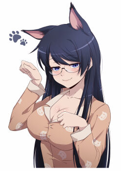 1girl absurdres animal_ear_fluff animal_ears animal_print bakemonogatari black_hair blush breasts cat_ears cat_girl cat_print cleavage closed_mouth commentary_request cropped_torso fang glasses hanekawa_tsubasa highres jitome large_breasts long_hair long_sleeves looking_at_viewer monogatari_(series) nishizuki_shino orange_pajamas pajamas paw_pose print_pajamas purple_eyes simple_background smile smug solo swept_bangs white_background