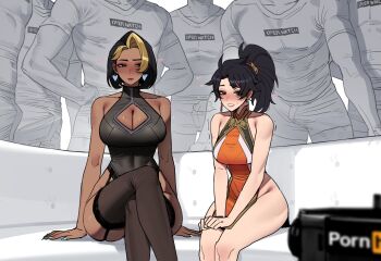 Rule 34 | 2girls, 5boys, absurdres, anran (overwatch), bare legs, bare shoulders, black dress, black hair, black leggings, blush, breasts, camera, casting couch, cleavage, cleavage cutout, clothing cutout, couch, dark skin, domina (overwatch), dress, earrings, everyone, garter belt, garter straps, highres, imminent gangbang, jewelry, large breasts, leggings, looking to the side, medium hair, meme, multicolored hair, multiple boys, multiple girls, muscular, muscular male, nervous smile, overwatch, parody, piper perri surrounded (meme), ponytail, pornhub, ratatatat74, recording, sitting, sleeveless, sleeveless dress, smile, streaked hair, sweat, thick thighs, thighhighs, thighs, trembling, two-tone hair, v arms