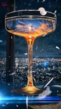 absurdres banishment blue_sky blurry blurry_background bottle city city_lights cloud cocktail commentary_request depth_of_field fantasy highres horizon in_bottle in_container landscape night no_humans original power_lines scenery signature sky summer sunset transmission_tower utility_pole whale window