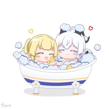 2girls :d ahoge artist_logo black_horns black_tail blonde_hair blush_stickers closed_eyes commentary curled_horns demon_tail english_commentary highres holding_rubber_duck horns logo mole mole_under_eye multicolored_hair multiple_girls open_mouth phoebe_(wuthering_waves) same-sex_bathing shared_bathing simple_background smile soap streaked_hair tail tenrino tubpup_(wuthering_waves) white_background white_hair wuthering_waves zani_(wuthering_waves)