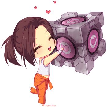 1girl :d ^_^ aperture_science_weighted_companion_cube arms_up artist_name bandaged_arm bandages bare_shoulders barefoot blush brown_hair chell closed_eyes clothes_around_waist female_focus full_body head_tilt heart heart_print holding hyanna-natsu leg_up open_mouth orange_pants pants ponytail portal portal_(series) portal_1 portal_2 round_teeth shirt short_hair sleeveless smile solo standing standing_on_one_leg tank_top teeth transparent_background white_shirt