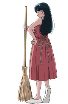 1girl black_eyes black_hair broom dress from_behind highres holding holding_broom maison_ikkoku otonashi_kyouko pink_dress poppowerhearts shoes solo turning_head white_shoes