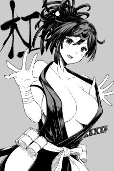 1girl bandaged_wrist bandages breasts cleavage clothes_pull collarbone covered_erect_nipples greyscale hair_between_eyes highres jigokuraku katana large_breasts monochrome open_mouth pulling_own_clothes sheath sheathed sideless_kimono smile solo sword teasing teeth tongue top_pull topknot weapon yuki_mizore yuzuriha_(jigokuraku)