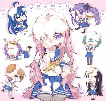 6+girls absurdres artist_name ben-day_dots black_hair blue_hair commission food food_fight food_on_body food_on_clothes food_on_head frown glasses green_hair grin highres hiiragi_kagami hiiragi_tsukasa holding holding_food holding_removed_eyewear in_the_face iwasaki_minami izumi_konata long_hair lucky_star multiple_girls object_on_head patricia_martin pie_in_face pink_hair pixiv_commission purple_eyes purple_hair round_eyewear ryouou_school_uniform school_uniform screentones seiza sitting smile takara_miyuki tamura_hiyori throwing throwing_food throwing_pie two-tone_background unworn_eyewear yuurauue