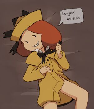 1girl french fridge_(artist) hat loli looking_at_viewer lying madeline madeline_(character) naughty_face no_panties on_back pov presenting red_hair ribbon school_uniform seductive_smile sexually_suggestive smile translated undressing