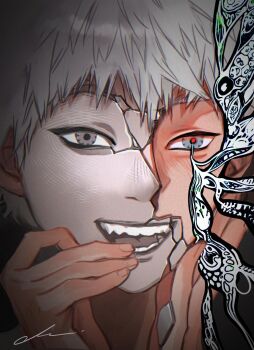 Rule 34 | 1boy, ariannareborn, broken mask, commentary, cracked kawaii mask, cracked mask, highres, hikaru ga shinda natsu, indou hikaru, male focus, mask, portrait, red pupils, short hair, signature, smile, solo, symbol-only commentary, teeth, white hair