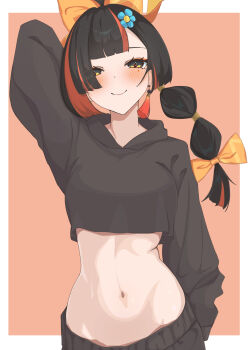 1girl arm_behind_head asymmetrical_hair black_hair black_hoodie black_pants blunt_bangs blush bow breasts choya_hanabi earrings facial_mark flower hair_bow hair_flower hair_ornament heart heart-shaped_pupils highres hinata_hikage hood hoodie jewelry long_hair long_sleeves looking_at_viewer medium_breasts midriff multicolored_hair navel orange_bow orange_hair pants solo stomach streaked_hair sweatpants symbol-shaped_pupils tassel tassel_earrings virtual_youtuber vspo! yellow_eyes