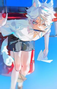 1boy aged_down animal_ears antenna_hair black_shorts blue_background blue_eyes blurry blurry_foreground boli9904 chinese_commentary collared_shirt commentary_request devil_may_cry_(series) dog_boy dog_ears dog_tail hair_between_eyes highres holding holding_paper leaning_back looking_at_viewer looking_up nero_(devil_may_cry) paper pen_in_mouth shade shirt short_shorts short_sleeves shorts sitting solo tail thighs upper_body white_hair