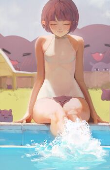 1girl absurdres between_thighs blue_sky breasts closed_eyes closed_mouth day highres hololive hololive_english mole mole_under_eye ninomae_ina'nis one-piece_swimsuit outdoors pointy_ears pool poolside purple_hair short_hair sitting sky small_breasts soaking_feet spicyyrum swimsuit takodachi_(ninomae_ina'nis) virtual_youtuber water white_one-piece_swimsuit