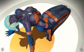 1girl artist_name boots breasts bulge commentary dark-skinned_female dark_elf dark_skin dated elf english_commentary extra_arms from_above futanari high_heel_boots high_heels highres long_pointy_ears original pointy_ears ralamian solo themaestronoob white_eyes