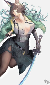 1girl absurdres animal_ear_fluff animal_ears aqua_jacket arm_out_of_sleeve black_gloves black_hair black_necktie black_skirt blunt_bangs breasts brown_pantyhose collarbone commentary_request fingerless_gloves floating_hair fox_ears fox_girl gauntlets gloves grey_background high-waist_skirt highres holding holding_sword holding_weapon hoshimi_miyabi jacket katana large_breasts leg_up linzhekuan long_hair looking_to_the_side necktie pantyhose red_eyes shirt simple_background single_fingerless_glove single_gauntlet single_glove skirt solo sword twitter_username unbuttoned undone_necktie weapon white_shirt zenless_zone_zero