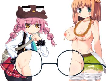 2girls animal_hat aqua_necktie arms_behind_back bag bandaged_leg bandages bike_shorts bodypaint braid breasts brown_hair choice_(xtmm5285) closed_mouth collarbone collared_shirt cowboy_shot crossed_bangs facepaint from_side game_cg glasses green_eyes green_skirt hair_between_eyes half_up_braid hand_on_own_chin hat henao_(lattice_sos!) jitome large_breasts large_variant_set lattice_(lattice_sos!) lattice_sos!_~happening&amp;panic~ leaning_forward long_hair long_sleeves low_twin_braids medium_breasts medium_hair miniskirt multiple_girls necktie nipple_bells nipples non-web_source pink_hair pleated_skirt pussy red_skirt sash scrunchie shirt shorts shorts_under_skirt shoulder_bag side-by-side sidelocks simple_background skirt smile standing transparent_background tribal twin_braids underbust variant_set white_sash white_shirt wrist_scrunchie x-ray x-ray_glasses x-ray_vision yellow_eyes