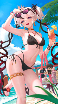 1girl absurdres arm_up bare_shoulders bikini bingcan black_bikini black_eyes black_flower blake_bloom_(wuthering_waves) blue_sky camellya_(wuthering_waves) character_doll collarbone commentary_request day doll earrings eyewear_on_head fingernails flower gold_earrings hair_between_eyes hair_flower hair_ornament highres jewelry leg_up linea_alba looking_at_viewer male_rover_(wuthering_waves) md5_mismatch multi-strapped_bikini_bottom open_mouth outdoors red_pupils rover_(wuthering_waves) sandals short_hair side-tie_bikini_bottom sky smile solo stomach string_bikini sunglasses swimsuit tacet_mark_(wuthering_waves) thighlet thighs third-party_edit toes wet white_hair wuthering_waves