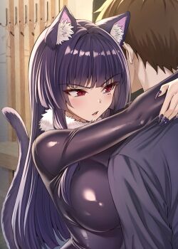 1boy 1girl absurdres animal_ear_fluff animal_ears black_nails black_shirt blush bodysuit breasts brown_hair cat_ears cat_girl cat_tail dokusen_yoku_ga_tsuyo_sugiru_yandere_kai_neko-chan from_behind hetero highres hug impossible_bodysuit impossible_clothes koyuki_(kotatsu358) large_breasts long_hair looking_at_another master_(dokusen_yoku_ga_tsuyo_sugiru_yandere_kai_neko-chan) mole mole_under_eye nene_(dokusen_yoku_ga_tsuyo_sugiru_yandere_kai_neko-chan) original red_eyes shirt skin_tight tail white_fur