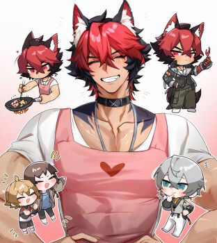 2boys 2girls absurdres animal_ear_fluff apron black_choker black_hair blush character_request chibi choker commentary_request cooking fang grey_hair grin highres komano_manato konsai_2 male_focus multiple_boys multiple_girls pectoral_cleavage pectorals pink_apron red_hair shirt short_hair smile solo_focus white_shirt wise_(soaring_crane)_(zenless_zone_zero) wise_(zenless_zone_zero) zenless_zone_zero