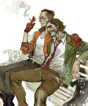 2girls arm_around_shoulder belt bench brown_pants cigarette closed_mouth disco_elysium duskidraws facial_hair glasses gloves green_jacket harry_du_bois highres holding holding_cigarette jacket kim_kitsuragi male_focus multiple_girls mutton_chops necktie open_clothes open_jacket orange_gloves orange_jacket outdoors pants park_bench red_necktie round_eyewear short_hair simple_background sitting smile smoke smoke_trail smoking suit_jacket tank_top very_short_hair white_background white_tank_top