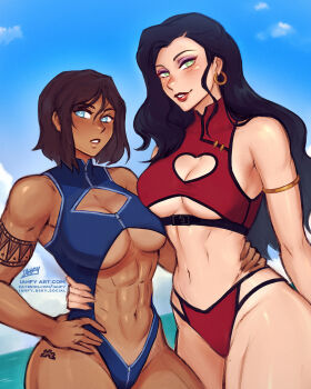 abs armlet asami_sato avatar_legends beach bikini black_hair blue_eyes blue_one-piece_swimsuit breasts cleavage clothing_cutout dark-skinned_female dark_skin diamond_cutout earrings heart_cutout highres hoop_earrings iahfy jewelry korra large_breasts muscular muscular_female ocean one-piece_swimsuit red_bikini stomach_cutout swimsuit the_legend_of_korra underboob