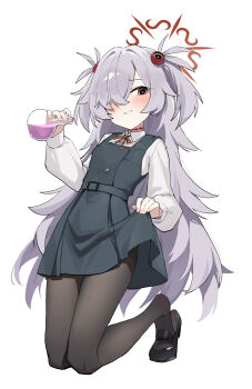 1girl absurdres averting_eyes black_pantyhose black_shoes blue_archive blush breasts brown_eyes brown_halo brown_ribbon clothes_grab collared_shirt commentary diagonal-striped_ribbon dot_nose dress dress_shirt flask full_body green_dress grin hair_between_eyes hair_over_one_eye halo hand_up heart heart-shaped_pupils highres holding holding_flask kaminari_(edeath) kanoe_(blue_archive) kneeling long_hair long_sleeves messy_hair neck_ribbon one_eye_covered pantyhose pinafore_dress pleated_dress puffy_sleeves purple_hair ribbon round-bottom_flask scar scar_on_neck shirt shoe_dangle shoes simple_background sleeveless sleeveless_dress small_breasts smile solo symbol-shaped_pupils teeth two_side_up very_long_hair white_background white_shirt