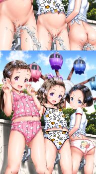 3girls absurdres ass before_and_after blush bottomless cameltoe censored cleft_of_venus close-up double_v embarrassed exhibitionism fang fat_mons female_focus ferris_wheel fingering flat_chest fountain head_out_of_frame higeepon highres huge_filesize loli long_hair looking_at_viewer looking_back mosaic_censoring multiple_girls naughty_face no_panties open_mouth outdoors panties print_panties public_indecency public_nudity pussy short_hair smile split_screen sports_uniform standing tagme third-party_edit underwear v water wavy_hair wet