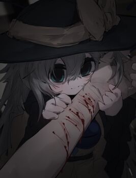 1girl :3 black_hat bleeding blood blood_on_arm blouse blush bow buttons closed_mouth cuts diamond_button fewer_digits frills green_eyes grey_hair hair_between_eyes hat hat_bow hat_ribbon highres holding_another's_wrist injury komeiji_koishi long_hair long_sleeves looking_at_viewer mr.turtle_head muted_color nose_blush ribbon self-harm shirt solo_focus third_eye touhou very_long_hair wide_sleeves wrist_cutting yellow_bow yellow_ribbon yellow_shirt