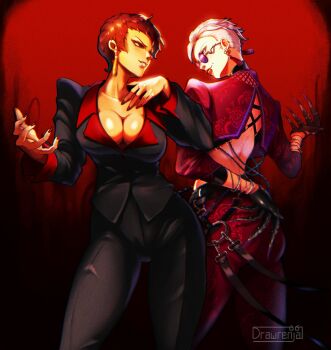 2girls a.k.i._(street_fighter) breasts drawrenja dress female_focus formal_clothes huge_breasts large_breasts multiple_girls red_hair short_hair standing street_fighter suit the_king_of_fighters thick_thighs thighs vice_(kof)