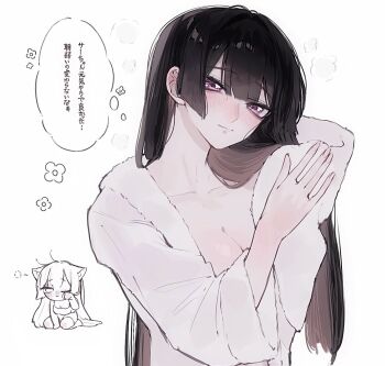 1girl animal_ears black_hair blunt_bangs blush breasts cat_ears cat_girl chibi cleavage closed_mouth code_geass code_geass:_dakkan_no_roze collarbone hand_up head_tilt highres large_breasts long_hair long_sleeves nose_blush one_eye_closed oo_mo18 pink_lips purple_eyes robe simple_background solo speech_bubble standing sumeragi_sakuya thought_bubble translation_request white_background white_robe