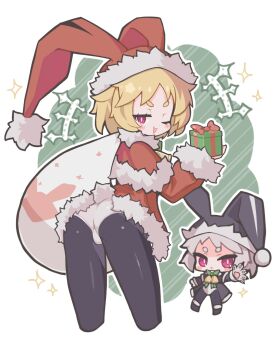 2girls animal_hands ass ass_focus bell black_boots black_capelet black_coat black_thighhighs blonde_hair boots capelet chibi claws coat commentary_request dark_persona disgaea disgaea_rpg fur-trimmed_capelet fur-trimmed_coat fur-trimmed_headwear fur_trim grey_hair highres leotard medium_hair multiple_girls neck_bell purple_eyes rabbit_ear_hat rabbit_ear_headwear red_capelet red_coat sack santa_costume sparkle suaman thick_eyebrows thighhighs two-tone_background usalia_(dark_santa)_(disgaea) usalia_(disgaea) white_background white_leotard
