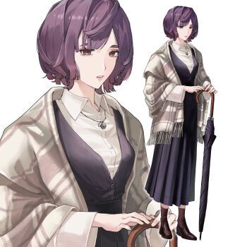 1girl closed_umbrella collared_shirt commentary_request dress expressionless full_body highres jewelry long_dress long_sleeves looking_at_viewer multiple_views necklace original purple_hair ring ring_necklace shirt short_hair standing umbrella yoi_muki