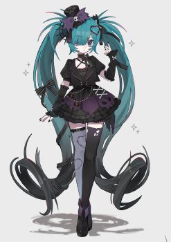 1girl aqua_hair arm_warmers belt black_arm_warmers black_boots black_choker black_hair black_jacket black_nails black_ribbon blue_eyes blue_hair boots bow choker criss-cross_halter full_body gothic_lolita gradient_hair hair_ornament hair_over_one_eye hair_ribbon hairclip halterneck hashtag-only_commentary hat hat_bow hatsune_miku heart heart_hair_ornament highres jacket lolita_fashion long_hair looking_at_viewer mini_hat mini_top_hat mismatched_thighhighs multicolored_hair print_thighhighs puffy_short_sleeves puffy_sleeves purple_bow ribbon ribbon_choker shadow short_sleeves simple_background skull_brooch solo sparkle spider_web_hair_ornament standing thigh_belt thigh_strap thighhighs tira_27 top_hat torn_clothes torn_thighhighs twintails two-tone_hair very_long_hair vocaloid zettai_ryouiki