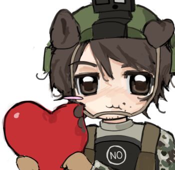 Rule 34 | 1boy, 1hollownesses, :3, animal ears, animification, beard stubble, blush, blush stickers, brown eyes, brown gloves, brown hair, camouflage, camouflage shirt, candy, chocolate, chocolate heart, closed mouth, clothes writing, commentary, deformed, dog boy, dog ears, eating, english commentary, english text, facial hair, food, food on face, gloves, green helmet, grey shirt, hair between eyes, hands up, heart, heart-shaped food, helmet, holding, holding chocolate, holding food, jitome, male focus, nose blush, payton gendron, portrait, real life, shirt, short hair, simple background, single blush sticker, straight-on, stubble, true crime, turtleneck, turtleneck shirt, very short hair, white background