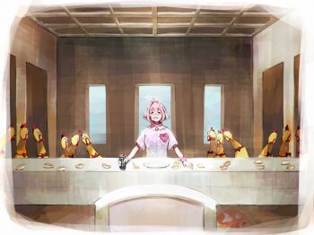 1girl absurdres ahoge blue_hair blush bow bowtie breasts can closed_eyes collar crossover crying dumpling fang fine_art_parody food frown gen_1_pokemon hamachamu heart-shaped_lock highres holding holding_can idolmaster idolmaster_cinderella_girls indoors jiaozi long_table magikarp monster_energy multicolored_hair nintendo nose_blush open_mouth parody pink_hair plate pokemon pokemon_(creature) raised_eyebrows rubber_chicken shirt short_hair short_sleeves skeleton_print table tears the_last_supper two-tone_hair upper_body window wristband yumemi_riamu