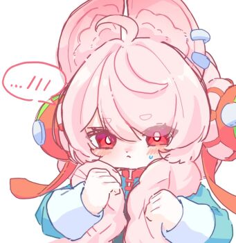 1girl :< ahoge animal_ear_fluff animal_ear_piercing animal_ears awarenaikimono blush braid braided_twintails bright_pupils closed_mouth commentary_request furry furry_female green_shirt highres holding holding_own_hair long_hair looking_at_viewer pink_fur pink_hair portrait rabbit_ears rabbit_girl red_eyes shirt short_eyebrows simple_background solo spoken_blush sweatdrop thick_eyebrows white_background white_pupils zenless_zone_zero zhao_(zenless_zone_zero)