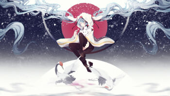 1girl 1other absurdly_long_hair animal animal_on_lap bird black_skirt black_thighhighs chihaya_(clothing) closed_eyes commentary crane_(animal) floating_hair hatsune_miku highres hood hood_up japanese_clothes kasoku_ac long_hair long_sleeves miko on_lap rabbit rabbit_yukine red-crowned_crane sitting skirt smile snowflakes snowing split_mouth thighhighs twintails very_long_hair vocaloid white_hair wide_sleeves yuki_miku yuki_miku_(2018)