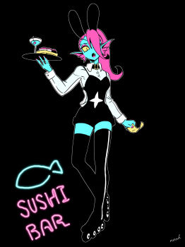 1girl absurdres animal_ears bilingual_commentary black_background blue_skin breasts carhop cocktail cocktail_glass colored_sclera colored_skin commentary cup drinking_glass english_commentary eyepatch fake_animal_ears fins food full_body hair_over_one_eye head_fins highres inline_skates long_hair looking_at_viewer mixed-language_commentary monster_girl noah_(tettsui-sole) ponytail rabbit_ears red_hair roller_skates shirt shorts skates slit_pupils solo sushi teeth thighhighs tray undertale undyne utdr_(toby_fox) waitress yellow_sclera