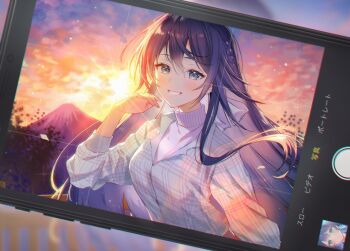 1girl backlighting bishoujo_to_burari_tabi blue_eyes cellphone dawn gradient_sky grin hand_up ichikawa_haru jacket long_hair mount_fuji nanase_riho novel_illustration official_art phone plaid_clothes plaid_jacket portrait purple_hair second-party_source sky smartphone smile solo sweater taking_picture turtleneck turtleneck_sweater user_interface
