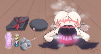 1girl black_hair blue_archive blunt_bangs blush_visible_through_hair unworn_clothes commentary_request completely_nude dated dogeza excessive_pussy_juice folded_clothes halo hat unworn_hat unworn_headwear heavy_breathing highres justice_task_force_member_(blue_archive) long_hair naked_dogeza nude pussy_juice pussy_juice_puddle pussy_juice_trail seal_juice sex_toy solo straight_hair twitter_username wooden_floor