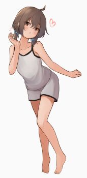 1girl adjusting_hair ahoge bare_shoulders barefoot blush bob_cut brown_hair camisole centi_mnkt closed_mouth contrapposto dot_mouth double-parted_bangs full_body grey_background grey_camisole grey_shorts hair_between_eyes haruka_(centi_mnkt) heart highres orange_eyes original pout short_hair short_twintails shorts sidelocks simple_background solo twintails