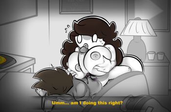 1boy 1girl age_difference bed bedroom breasts brown_hair huge_breasts indoors jaiden_(jaiden_animations) jaiden_animations jaiden_dittfach nervous nipples onee-shota paizuri penis pureboiii scarf_boy_(jaiden_animations) shota youtube youtube_creator_award