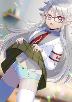 1girl armband black-framed_eyewear blue_panties blurry blurry_background blush bow bow_panties clothes_lift collared_shirt commission copyright_request depth_of_field fang glasses green_skirt grey_hair grey_shirt groin hair_between_eyes indoors jacket kou_hiyoyo lifting_own_clothes long_hair long_sleeves looking_at_viewer necktie open_clothes open_jacket open_mouth panties pleated_skirt pointy_ears puffy_long_sleeves puffy_sleeves red_eyes red_necktie shirt skeb_commission skirt skirt_lift small_sweatdrop solo sweat thighhighs underwear very_long_hair white_jacket white_thighhighs