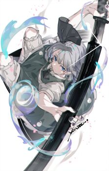 1girl black_nails bloomers blue_eyes character_name closed_mouth expressionless green_skirt green_vest grey_hair hairband highres holding holding_sword holding_weapon katana konpaku_youmu konpaku_youmu_(ghost) looking_at_viewer medium_hair nail_polish o_(crazyoton46) shirt short_sleeves skirt solo sword touhou underwear vest weapon white_bloomers white_shirt