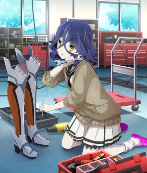 1girl :o ayanokouji_martial_arts_school_uniform bags_under_eyes black_neckerchief blue_hair blue_sky brown_cardigan cable cardigan day dot_nose double-sided_wrench drill_bit game_cg green_eyes grey_sailor_collar hair_between_eyes haji_keiko hammer holding holding_wrench indoors kneeling leaning_forward leg_armor looking_at_viewer loose_socks medium_hair neckerchief official_art on_floor open_mouth pale_skin pink_shoes power_drill power_tool pushcart reflective_floor sailor_collar school_uniform serafuku shelf shoes skirt sky socks solo third-party_source toji_no_miko toji_no_miko:_kizamishi_issen_no_tomoshibi toolbox tree wavy_hair white_serafuku white_skirt white_socks window workshop wrench