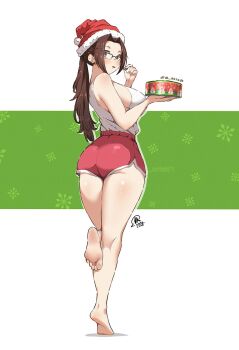 1girl 2025 artist_logo ass bare_arms bare_legs bare_shoulders barefoot blush breasts brown_eyes brown_hair commentary cookie eating english_commentary feet food fringe_trim from_behind fur-trimmed_headwear fur_trim hat holding holding_cookie holding_food jk_arts kneepits large_breasts logo long_hair looking_at_viewer parted_bangs ponytail red_hat red_shorts santa_hat semi-rimless_eyewear shiranui_mai shirt_tucked_in shorts soles solo standing standing_on_one_leg street_fighter street_fighter_6 tank_top the_king_of_fighters thighs tiptoes toes white_tank_top
