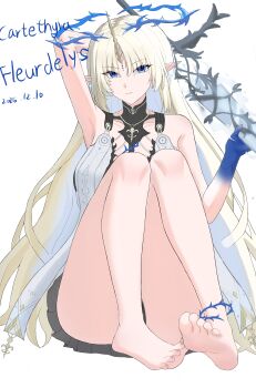 Rule 34 | 1girl, absurdres, arm up, bare shoulders, barefoot, blonde hair, blue eyes, blue hands, breasts, character name, chinese commentary, closed mouth, colored extremities, commentary request, crown of thorns, dated, earrings, feet, fleurdelys (wuthering waves), fu ai er sama, highres, holding, holding sword, holding weapon, horns, jewelry, knees up, large breasts, long hair, long horns, looking at viewer, multiple earrings, pointy ears, simple background, single horn, sitting, soles, solo, sword, tacet mark (wuthering waves), toes, very long hair, weapon, white background, wuthering waves, yellow horns
