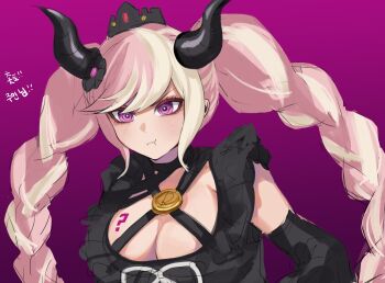 bare_shoulders braid breasts cleavage crown demon_girl demon_horns gradient_background highres horns hy_(fjvlg) large_breasts long_hair master_detective_archives:_rain_code mini_crown missing_commentary pink_hair pout purple_background purple_eyes shinigami_(rain_code) sketch twin_braids upper_body