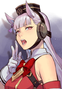 1girl animal_ears blunt_bangs bow bowtie brown_hat ear_bow gloves gold_ship_(red_strife)_(umamusume) gold_ship_(umamusume) grey_hair hat horse_ears horse_girl hungry_clicker long_hair open_mouth pillbox_hat purple_bow red_bow shirt solo umamusume