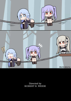 ! !! 3girls absurdres alsace_(azur_lane) alsace_(tipsy_oni_on_a_sacred_night)_(azur_lane) azur_lane blue_hair chibi essex_(azur_lane) formidable_(azur_lane) grey_hair highres marin_liekuriva meme multiple_girls purple_hair rope rope_walking twintails