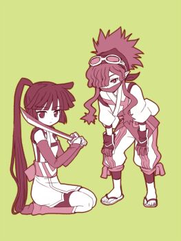 Rule 34 | 10s, 2girls, akatsuki (log horizon), goggles, hands on own knees, holding, holding sword, holding weapon, katana, log horizon, long hair, looking at viewer, multiple girls, nitsu makura, ponytail, sandals, simple background, sitting, standing, sword, tatara (log horizon), weapon