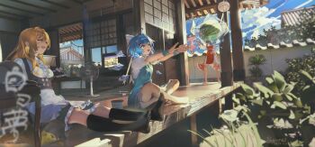 3girls :d absurdres ahoge air_conditioner analog_clock apron architecture barefoot black_hat black_skirt black_socks black_vest blonde_hair blue_dress blue_eyes blue_hair blue_sky calendar_(object) chinese_commentary cirno clenched_hand clock closed_mouth cloud commentary_request crt cryokinesis dated day detached_sleeves detached_wings dress east_asian_architecture electric_fan food frozen fruit haagen-dazs hakurei_reimu hakurei_shrine hat head_out_of_frame highres ice ice_cream_tub ice_wings kirisame_marisa kneehighs lay&#039;s_(potato_chips) long_hair long_sleeves multiple_girls no_shoes open_mouth pitcher_(container) porch red_shirt red_skirt shaymas shirt short_hair shouji sitting skirt sky sliding_doors smile socks summer television torii touhou unworn_hat unworn_headwear vest waist_apron watermelon white_apron white_shirt white_socks wind_chime wings witch_hat