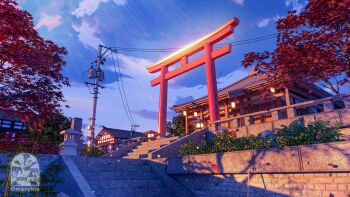3d artist_logo artist_name bad_link bamboo blue_sky broom bush cloud falling_petals highres inari_torii japanese_maple leaf logo maple_leaf no_humans omorphia original petals power_lines railing shrine sky stairs stone_lantern sunlight torii transformer utility_pole